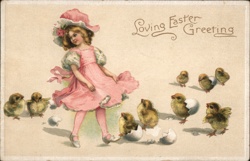 Little Girl with Chicks, Easter Greeting - Pink Dress, Vintage Illustration Postcard Postcard Postcard