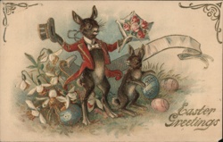 Anthropomorphic Easter Rabbits with Eggs and Flowers - Embossed Postcard With Bunnies Postcard Postcard