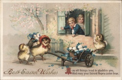 Easter Chicks with Wheelbarrow of Eggs, Vintage Illustration With Chicks Postcard Postcard Postcard