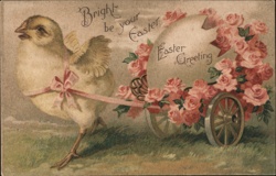 Easter Chick Pulling Cart of Roses - Vintage Embossed Postcard Postcard