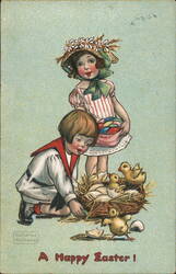 Happy Easter Children with Chicks and Eggs - Vintage Illustration Postcard