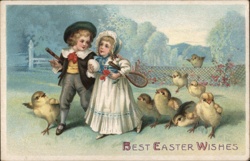 Easter Children with Chicks, Best Easter Wishes, Color Vintage Postcard Postcard