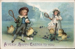 Children Playing Easter Tennis with Chicks, Vintage Postcard Postcard