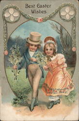 Easter Children with Flowers - Vintage Holiday Postcard Postcard