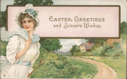 Easter Greetings Woman Country Road Postcard Postcard Postcard