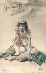 Little Girl with Easter Eggs - France - Vintage French Postcard With Children Postcard Postcard