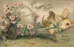 Easter Chick Pulling Egg Cart, Daisies, Vintage Postcard Postcard