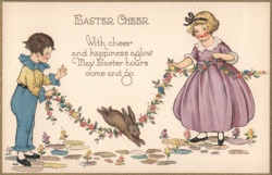 Easter Cheer, Children & Bunny with Flower Garland, Vintage Illustration With Children Postcard Postcard Postcard