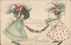 Two Girls with Easter Bonnets and Garland - Vintage Easter Greeting With Children Postcard Postcard Postcard