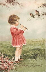 Little Girl Playing Flute for Birds, Colorful German Postcard Postcard