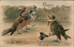 Anthropomorphic Birds in Hats, Happy Birthday Postcard Postcard Postcard