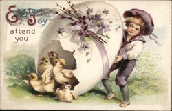 Easter Boy with Chicks Hatching from Giant Egg - Vintage Illustration Postcard Postcard Postcard