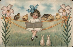 Easter Greetings, Girl Reading to Chicks, Vintage Postcard Postcard Postcard