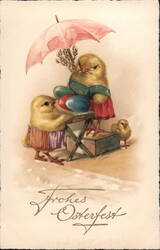 Easter Chicks with Umbrella & Eggs - Vintage Holiday Postcard With Chicks Postcard Postcard