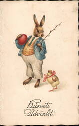 Easter Bunny & Chick, Vintage Hungarian Postcard With Bunnies Postcard Postcard