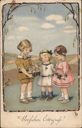 Children with Easter Bunnies - Vintage German Easter Greeting With Children Postcard Postcard Postcard