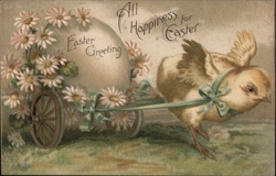 Easter Chick Pulling Egg Cart with Daisies - Vintage Illustration Postcard