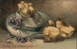 Easter Chicks with Hat & Flowers - Vintage Holiday Postcard Postcard