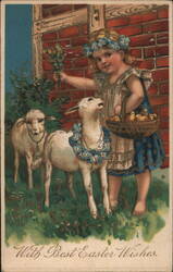 Little Girl with Lambs and Chicks, Easter Greetings Postcard