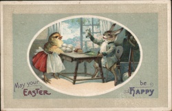 Easter Bunny & Chick Set Table, Vintage Holiday Postcard Postcard