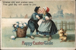 Dutch Children Kissing, Easter Eggs, Chicks - Vintage Easter Postcard Postcard