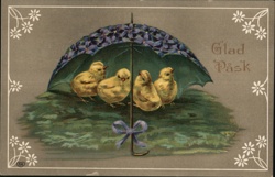 Three Chicks Under Violet Umbrella - Glad Påsk (Happy Easter) - Swedish Postcard Postcard