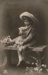 Boy with Lamb, Joyeuses Pâques, French Easter Postcard With Lambs Postcard Postcard