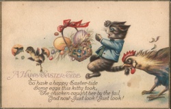 Anthropomorphic Cat Steals Easter Eggs, Chicken Chases - Vintage Illustration Postcard