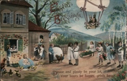 Easter Blessings, Children with Baskets & Hot Air Balloon, Vintage Postcard Postcard Postcard