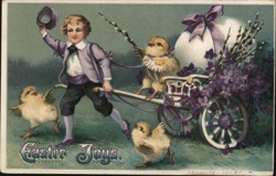 Boy with Chicks & Easter Egg Cart - Vintage Easter Postcard Postcard Postcard