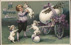 Happy Easter Boy with Bunnies & Giant Egg Vintage Postcard Postcard