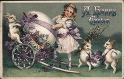 Happy Easter Girl with Giant Egg, Bunnies & Violets - Antique Postcard Eggs Postcard Postcard