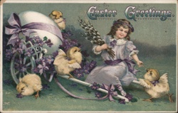 Easter Girl with Chicks, Egg & Pussy Willows - Vintage Holiday Postcard Postcard