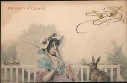 Elegant Woman with Parasol & Rabbit, Easter Greetings, Vintage Postcard Postcard