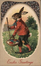 Easter Bunny with Basket, Vintage Holiday Postcard Postcard