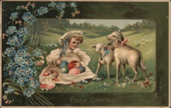 Easter Girl with Lambs, Colorful Eggs, Doll, Frohe Ostertage Postcard Postcard Postcard