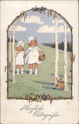 Two Girls & Easter Bunny by Birch Trees - Vintage Easter Postcard Postcard