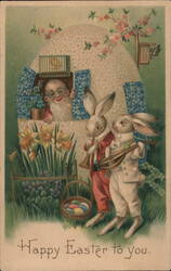 Easter Bunnies Serenade Santa in Giant Egg - Vintage Illustration Postcard