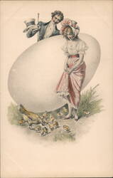 Easter Couple with Chicks and Giant Egg - Vintage Illustration Postcard