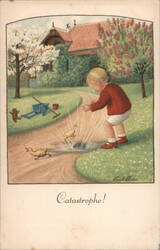 Boy Chasing Ducklings, Catastrophe! Vintage Children's Illustration Postcard