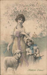 Woman & Child with Lamb, Easter Greeting, Leveloz Postcard Postcard Postcard