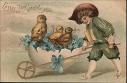 Boy with Chicks in Easter Egg Wheelbarrow - Vintage Easter Greeting Postcard