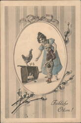 Antique Easter Postcard, Children with Chicks, Froliche Ostern Postcard Postcard