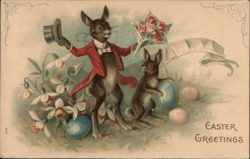 Anthropomorphic Easter Rabbits with Eggs and Flowers Postcard