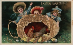 Children with Hen and Chicks in Golden Easter Egg - Vintage Easter Postcard With Chicks Postcard Postcard