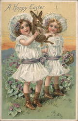 Two Girls with Bunny, Violets, and Basket - Dayton, Ohio - Easter Postcard Postcard Postcard