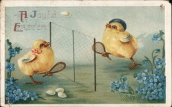 Easter Chicks Playing Badminton, Vintage Postcard Postcard