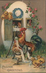 Easter Greetings Rooster Family in Eggshell Home Postcard