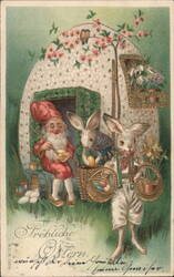 Easter Gnomes & Rabbits Painting Eggs in Giant Easter Egg House Postcard