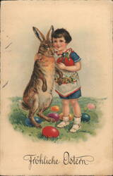 Boy with Easter Bunny and Eggs - Vintage German Easter Greeting With Children Postcard Postcard Postcard